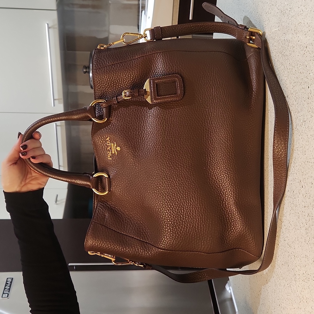 Prada Brown Pebbled Leather Top-Handle Crossbody Bag with Gold Hardware